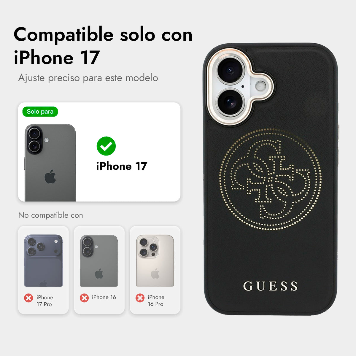 GUESS Funda Efecto Piel Logo Perforado para iPhone 17 Compatible con MagSafe y Protección Anticaídas, Negra