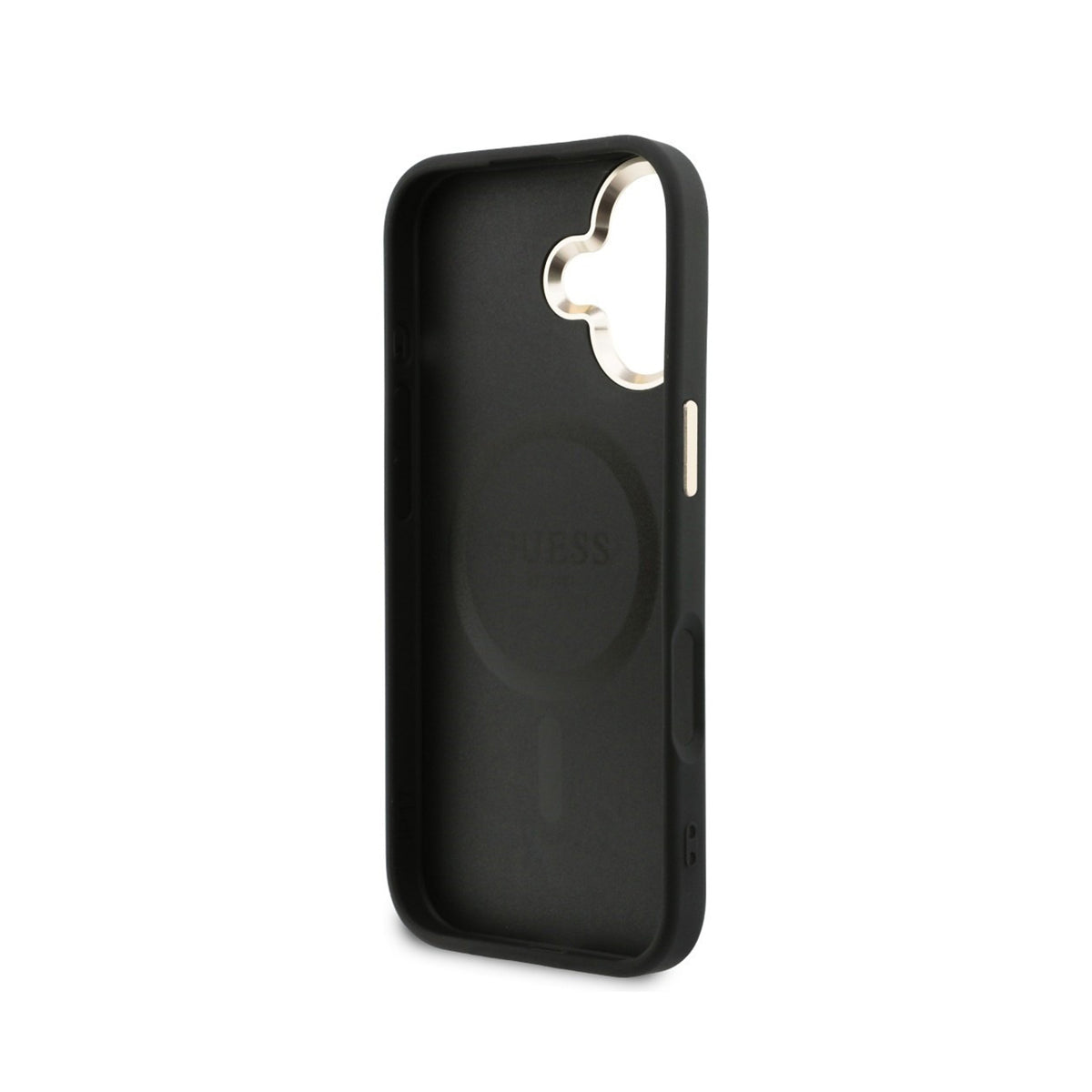 GUESS Funda Efecto Piel Logo Perforado para iPhone 17 Compatible con MagSafe y Protección Anticaídas, Negra