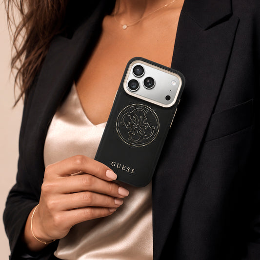 GUESS Funda Efecto Piel Logo Perforado para iPhone 17 Pro Compatible con MagSafe y Protección Anticaídas, Negra