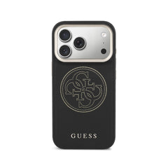 GUESS Funda Efecto Piel Logo Perforado para iPhone 17 Pro Compatible con MagSafe y Protección Anticaídas, Negra