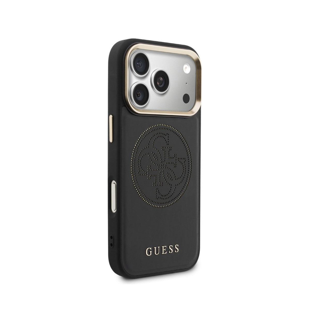 GUESS Funda Efecto Piel con Logo Perforado para iPhone 17 Pro/18 Pro Compatible con MagSafe, Negra
