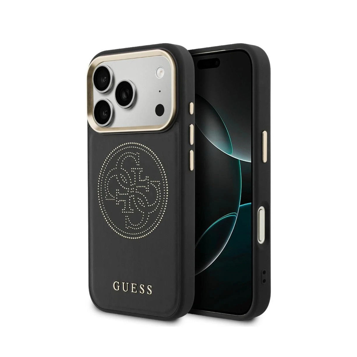 GUESS Funda Efecto Piel con Logo Perforado para iPhone 17 Pro/18 Pro Compatible con MagSafe, Negra