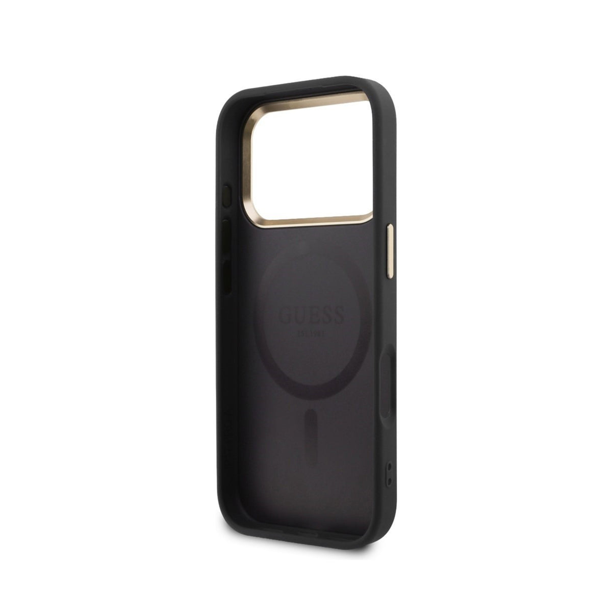 GUESS Funda Efecto Piel con Logo Perforado para iPhone 17 Pro/18 Pro Compatible con MagSafe, Negra