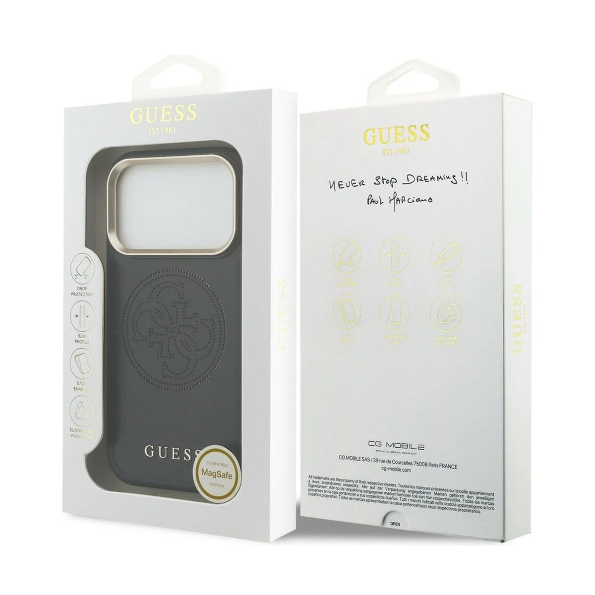 GUESS Funda Efecto Piel con Logo Perforado para iPhone 17 Pro/18 Pro Compatible con MagSafe, Negra