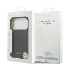 GUESS Funda Efecto Piel Logo Perforado para iPhone 17 Pro Compatible con MagSafe y Protección Anticaídas, Negra