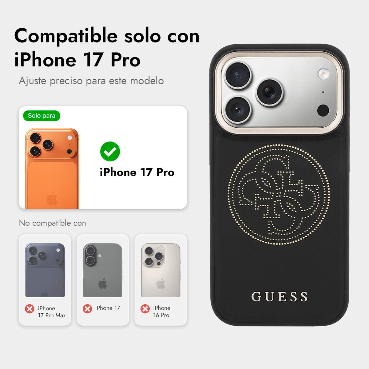 GUESS Funda Efecto Piel con Logo Perforado para iPhone 17 Pro/18 Pro Compatible con MagSafe, Negra