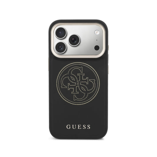GUESS Funda Efecto Piel Logo Perforado para iPhone 17 Pro Max Compatible con MagSafe y Protección Anticaídas, Negra