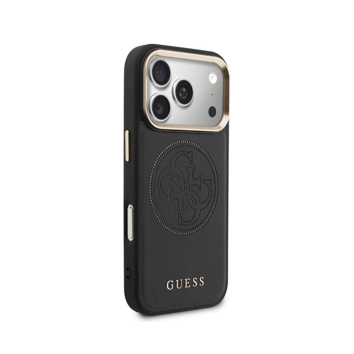 GUESS Funda Efecto Piel Logo Perforado para iPhone 17 Pro Max/18 Pro Max Compatible con MagSafe y Protección Anticaídas, Negra