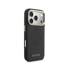 GUESS Funda Efecto Piel Logo Perforado para iPhone 17 Pro Max Compatible con MagSafe y Protección Anticaídas, Negra