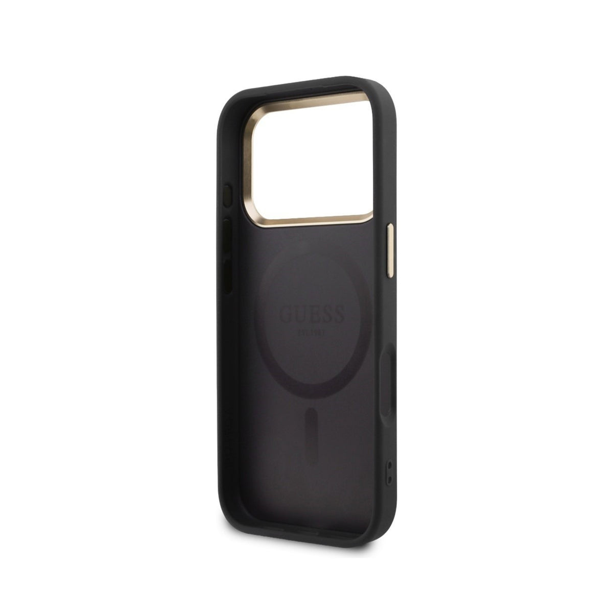 GUESS Funda Efecto Piel Logo Perforado para iPhone 17 Pro Max/18 Pro Max Compatible con MagSafe y Protección Anticaídas, Negra