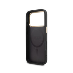 GUESS Funda Efecto Piel Logo Perforado para iPhone 17 Pro Max Compatible con MagSafe y Protección Anticaídas, Negra