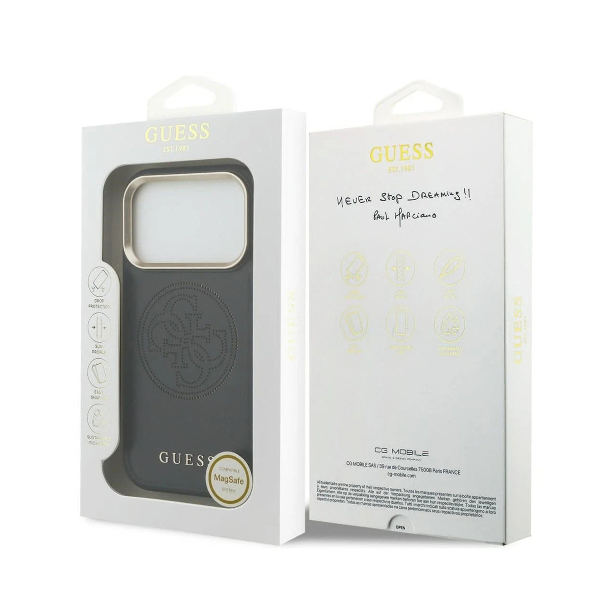 GUESS Funda Efecto Piel Logo Perforado para iPhone 17 Pro Max/18 Pro Max Compatible con MagSafe y Protección Anticaídas, Negra