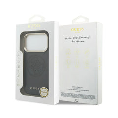 GUESS Funda Efecto Piel Logo Perforado para iPhone 17 Pro Max Compatible con MagSafe y Protección Anticaídas, Negra