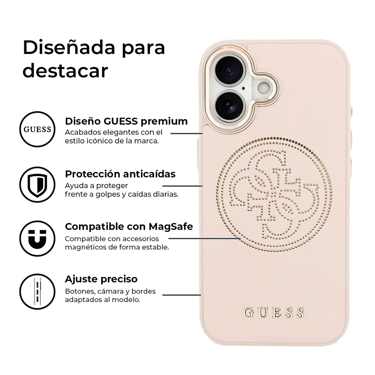 GUESS Funda Efecto Piel Logo Perforado para iPhone 17 Compatible con MagSafe y Protección Anticaídas, Rosa