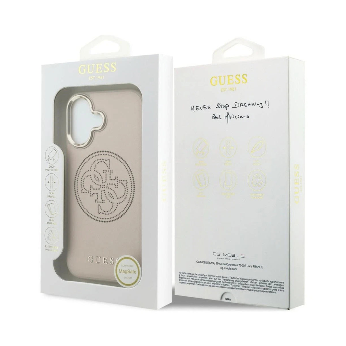 GUESS Funda Efecto Piel Logo Perforado para iPhone 17 Compatible con MagSafe y Protección Anticaídas, Rosa