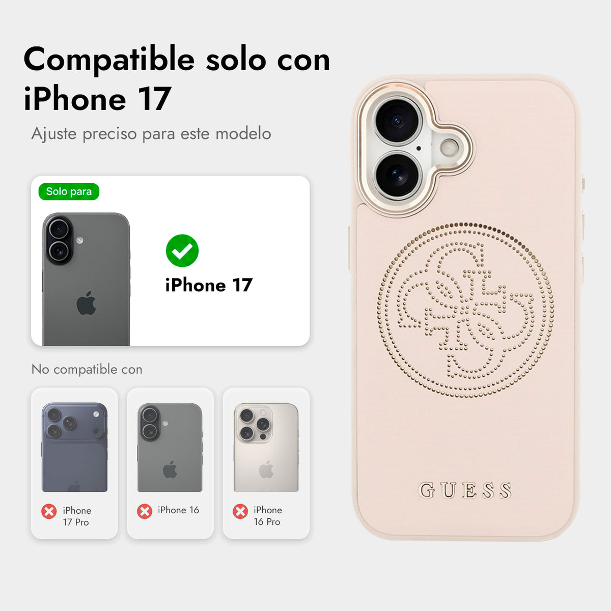 GUESS Funda Efecto Piel Logo Perforado para iPhone 17 Compatible con MagSafe y Protección Anticaídas, Rosa