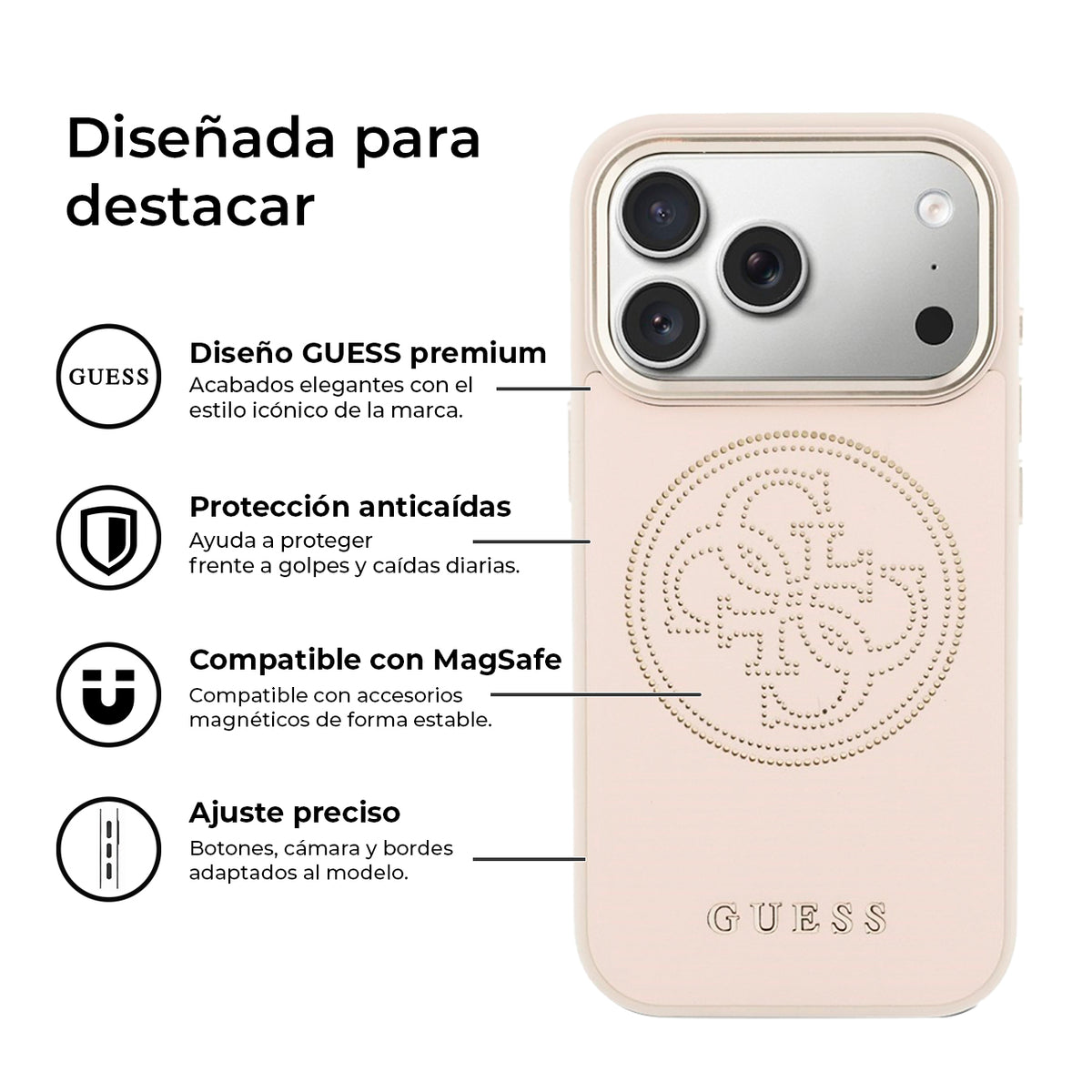 GUESS Funda Efecto Piel con Logo Perforado para iPhone 17 Pro/18 Pro Compatible con MagSafe, Rosa