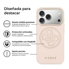 GUESS Funda Efecto Piel Logo Perforado para iPhone 17 Pro Compatible con MagSafe y Protección Anticaídas, Rosa