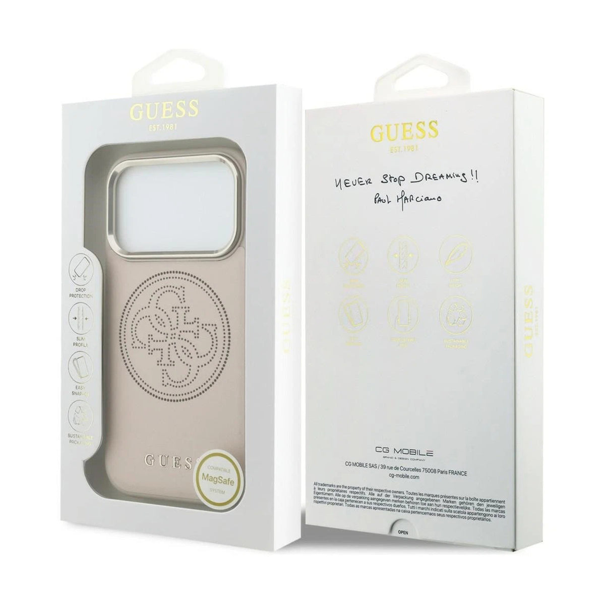 GUESS Funda Efecto Piel con Logo Perforado para iPhone 17 Pro/18 Pro Compatible con MagSafe, Rosa