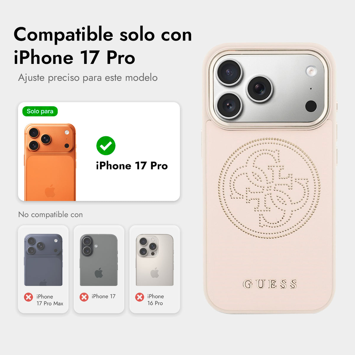 GUESS Funda Efecto Piel con Logo Perforado para iPhone 17 Pro/18 Pro Compatible con MagSafe, Rosa