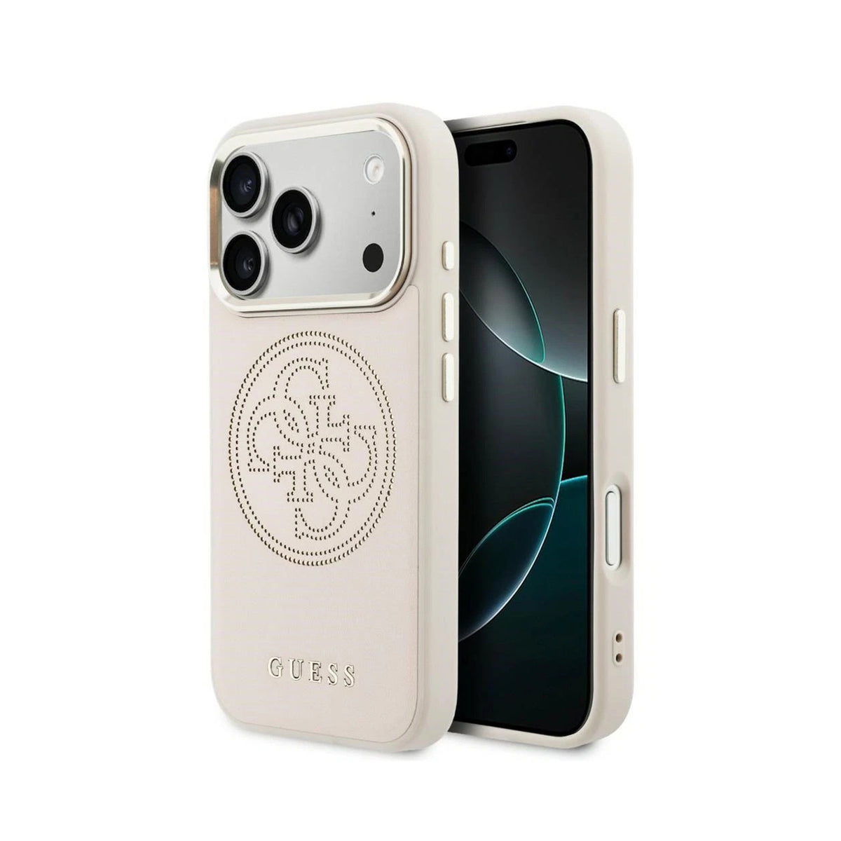 GUESS Funda Efecto Piel con Logo Perforado para iPhone 17 Pro/18 Pro Compatible con MagSafe, Rosa