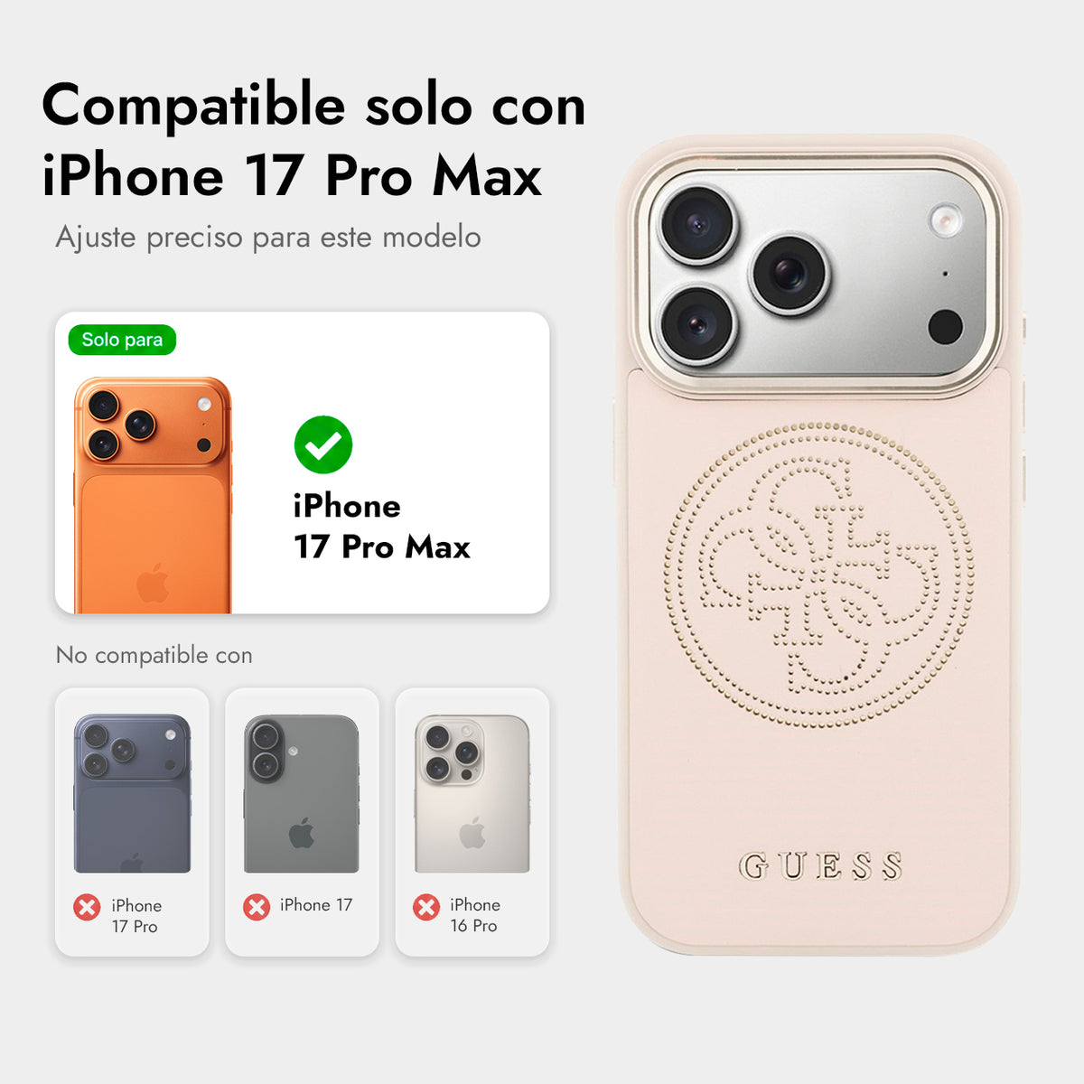 GUESS Funda Efecto Piel Logo Perforado para iPhone 17 Pro Max/18 Pro Max Compatible con MagSafe y Protección Anticaídas, Rosa