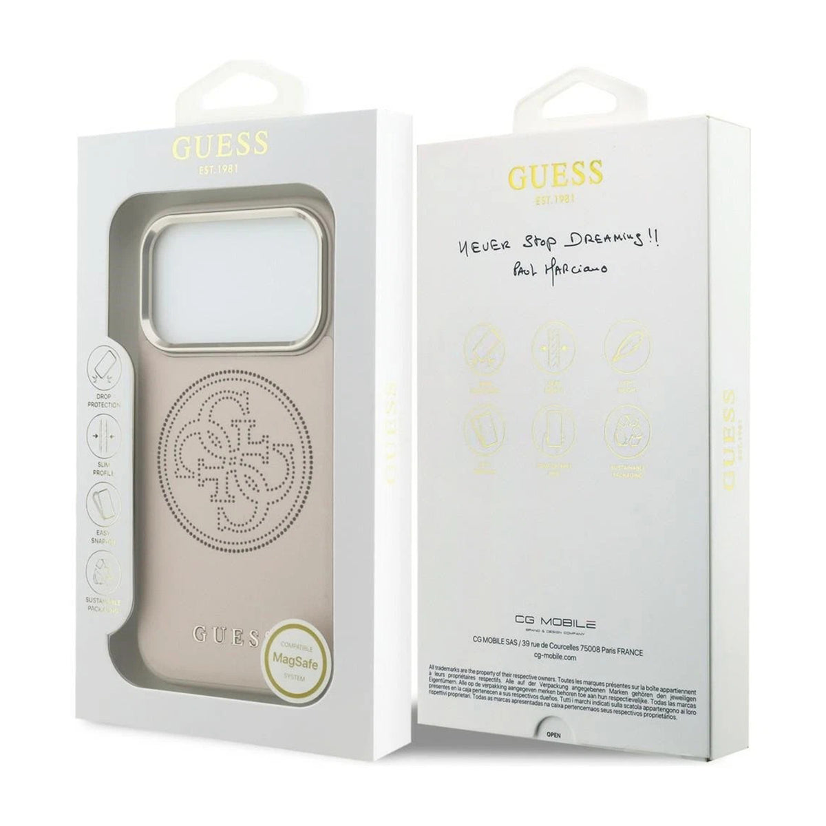 GUESS Funda Efecto Piel Logo Perforado para iPhone 17 Pro Max/18 Pro Max Compatible con MagSafe y Protección Anticaídas, Rosa