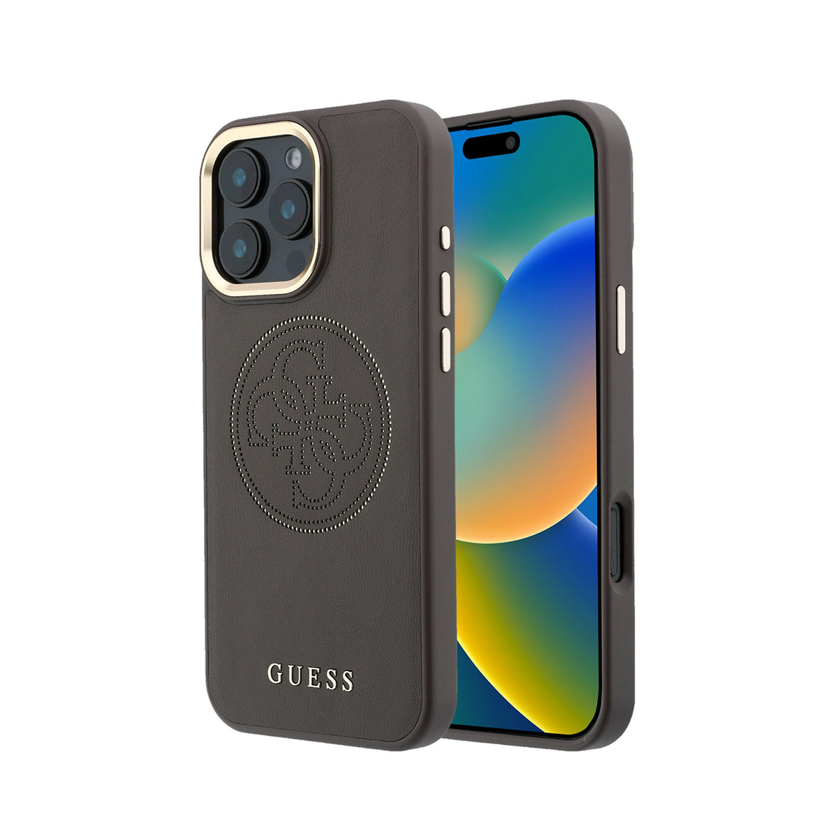 GUESS Funda Efecto Piel Logo Perforado para iPhone 16 Pro Max Compatible con MagSafe y Protección Anticaídas, Marrón