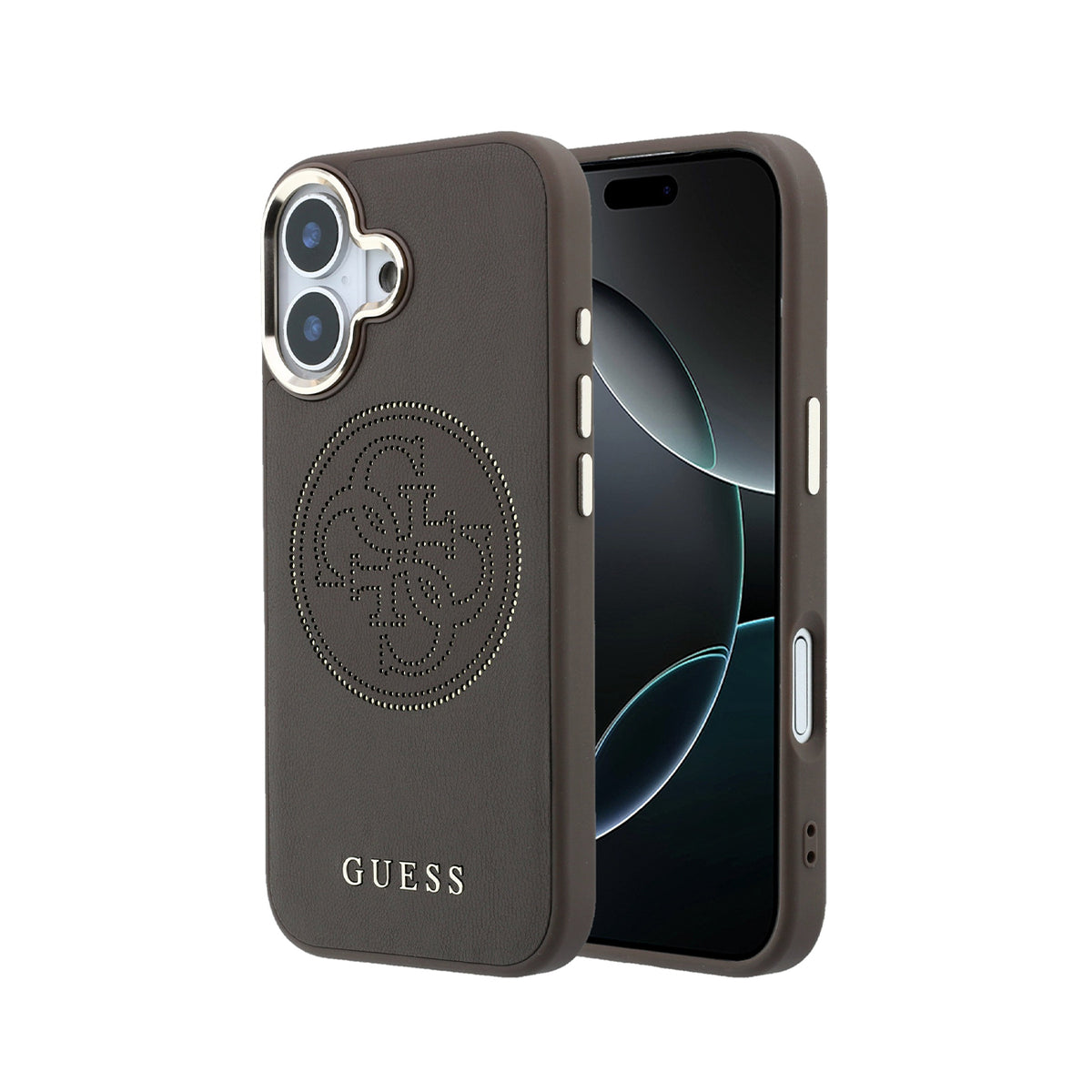 GUESS Funda Efecto Piel Logo Perforado para iPhone 17 Compatible con MagSafe y Protección Anticaídas, Marrón