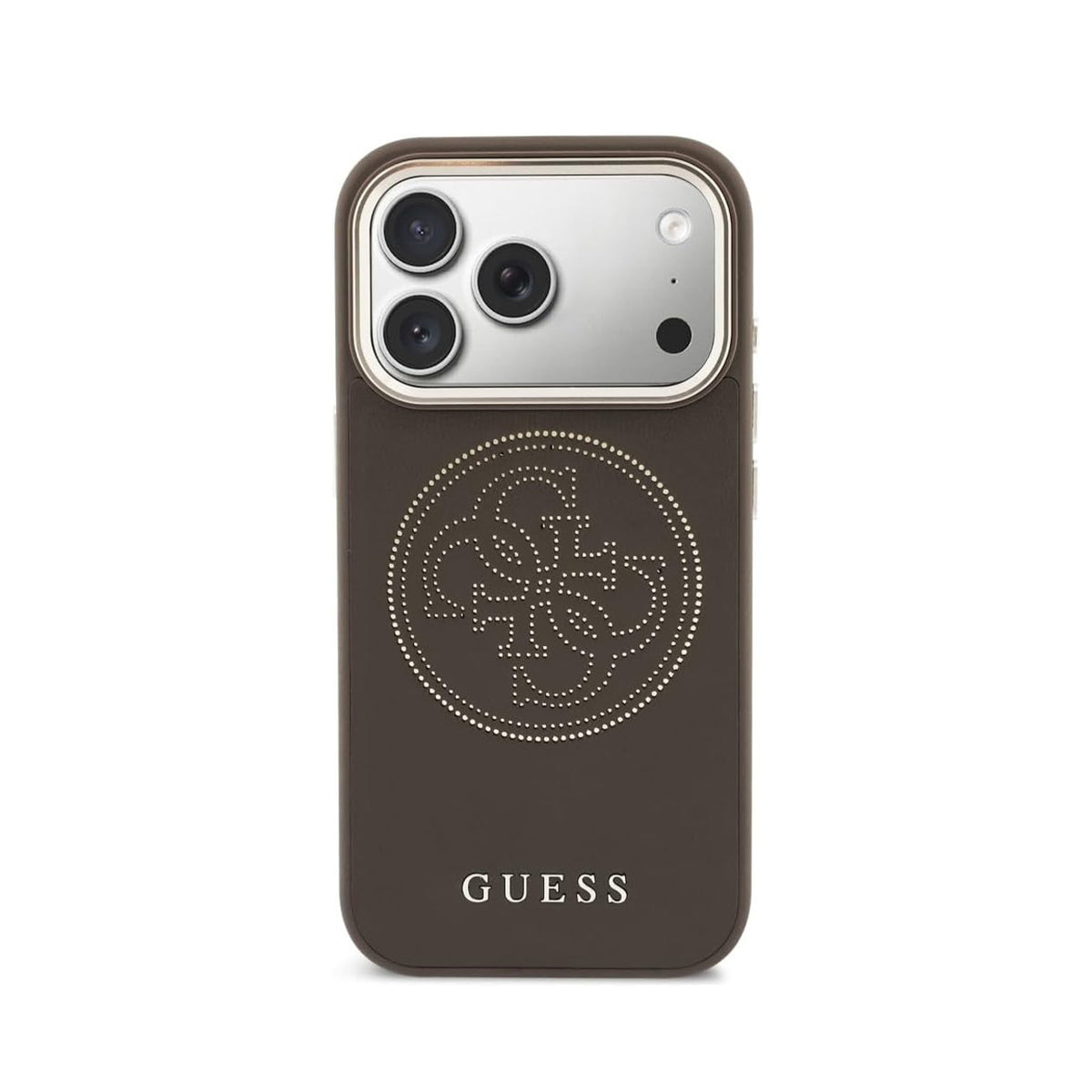 GUESS Funda Efecto Piel con Logo Perforado para iPhone 17 Pro/18 Pro Compatible con MagSafe, Marrón
