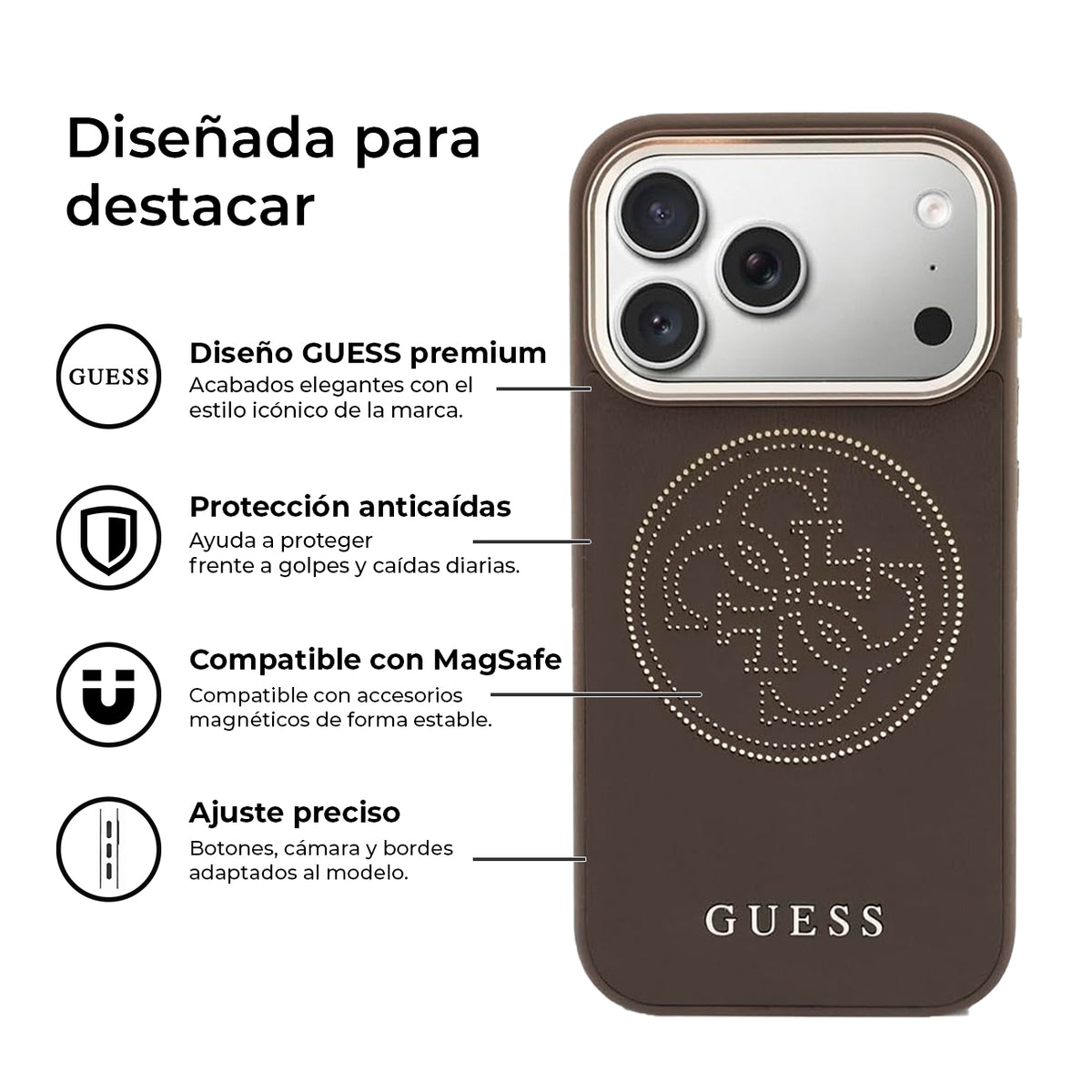 GUESS Funda Efecto Piel con Logo Perforado para iPhone 17 Pro/18 Pro Compatible con MagSafe, Marrón