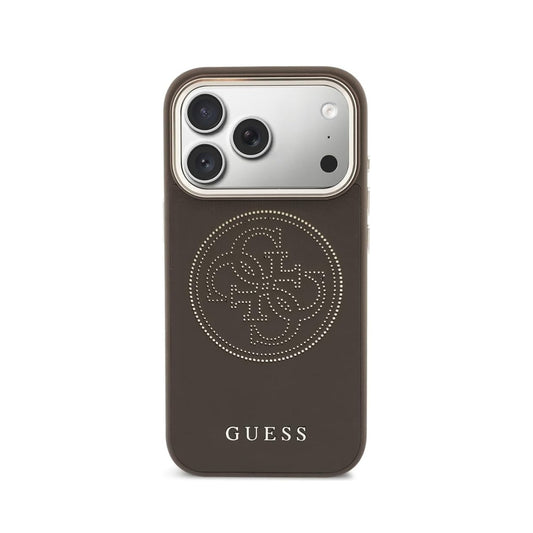 GUESS Funda Efecto Piel Logo Perforado para iPhone 17 Pro Compatible con MagSafe y Protección Anticaídas, Marrón