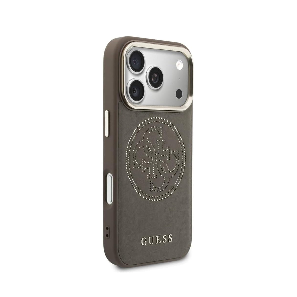 GUESS Funda Efecto Piel con Logo Perforado para iPhone 17 Pro/18 Pro Compatible con MagSafe, Marrón