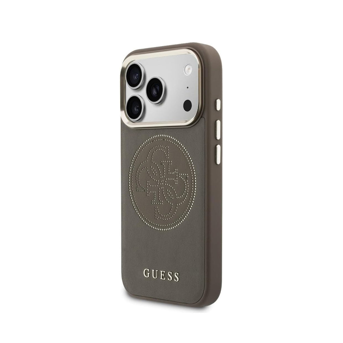 GUESS Funda Efecto Piel con Logo Perforado para iPhone 17 Pro/18 Pro Compatible con MagSafe, Marrón