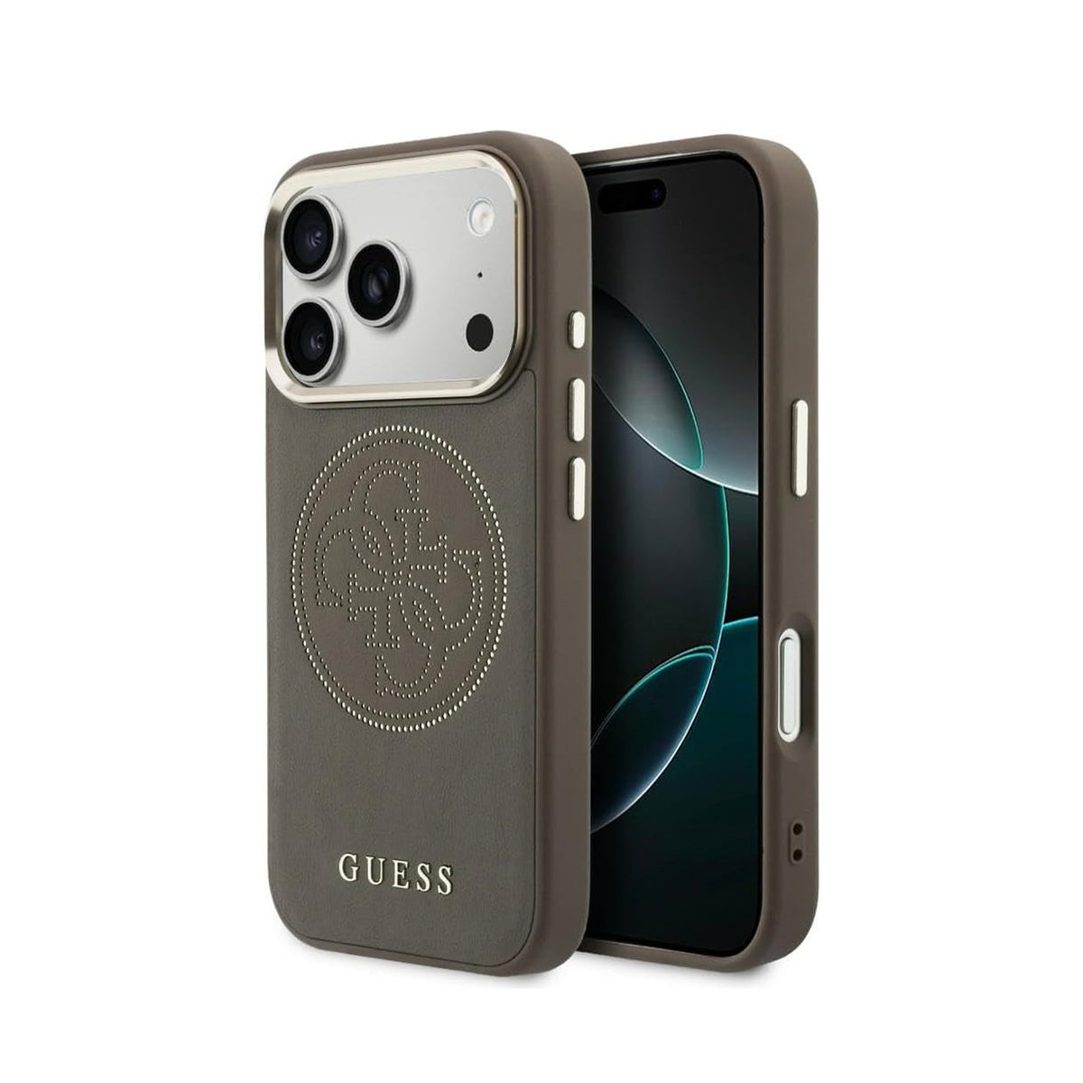 GUESS Funda Efecto Piel con Logo Perforado para iPhone 17 Pro/18 Pro Compatible con MagSafe, Marrón