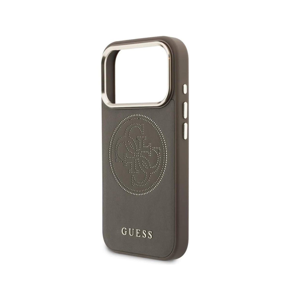 GUESS Funda Efecto Piel con Logo Perforado para iPhone 17 Pro/18 Pro Compatible con MagSafe, Marrón