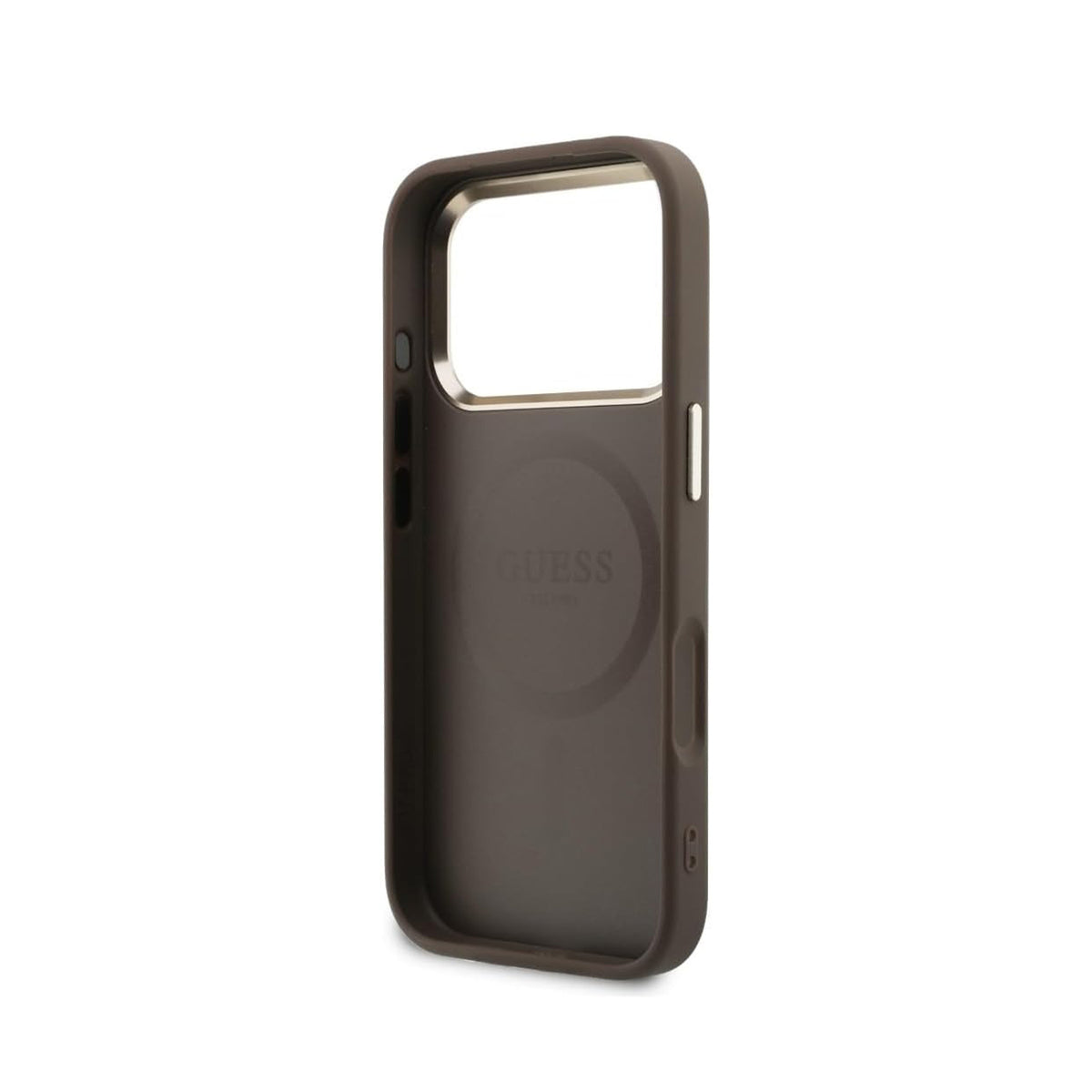 GUESS Funda Efecto Piel con Logo Perforado para iPhone 17 Pro/18 Pro Compatible con MagSafe, Marrón