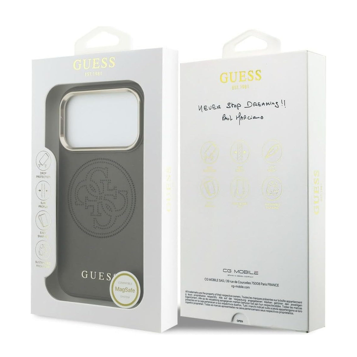 GUESS Funda Efecto Piel con Logo Perforado para iPhone 17 Pro/18 Pro Compatible con MagSafe, Marrón