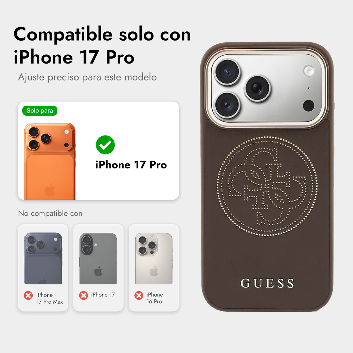 GUESS Funda Efecto Piel con Logo Perforado para iPhone 17 Pro/18 Pro Compatible con MagSafe, Marrón