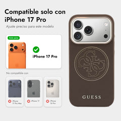 GUESS Funda Efecto Piel Logo Perforado para iPhone 17 Pro Compatible con MagSafe y Protección Anticaídas, Marrón