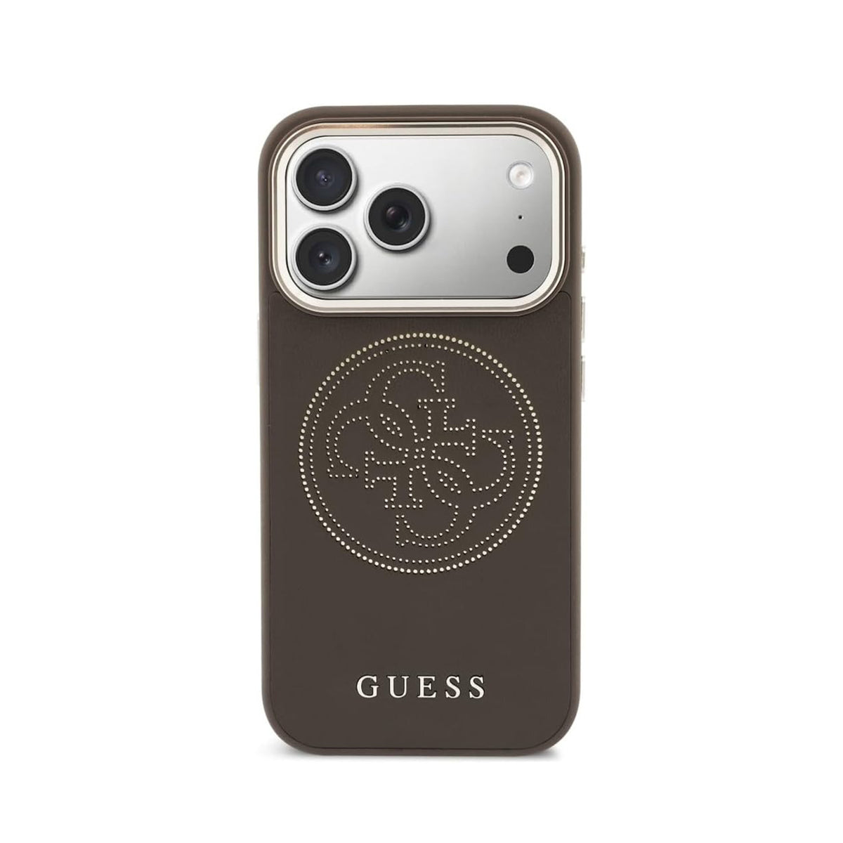 GUESS Funda Efecto Piel Logo Perforado para iPhone 17 Pro Max/18 Pro Max Compatible con MagSafe y Protección Anticaídas, Marrón