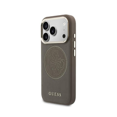 GUESS Funda Efecto Piel Logo Perforado para iPhone 17 Pro Max Compatible con MagSafe y Protección Anticaídas, Marrón