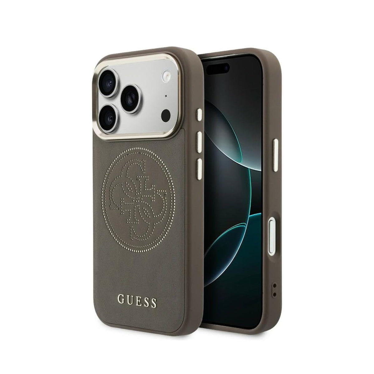 GUESS Funda Efecto Piel Logo Perforado para iPhone 17 Pro Max/18 Pro Max Compatible con MagSafe y Protección Anticaídas, Marrón