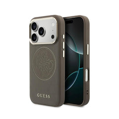GUESS Funda Efecto Piel Logo Perforado para iPhone 17 Pro Max Compatible con MagSafe y Protección Anticaídas, Marrón