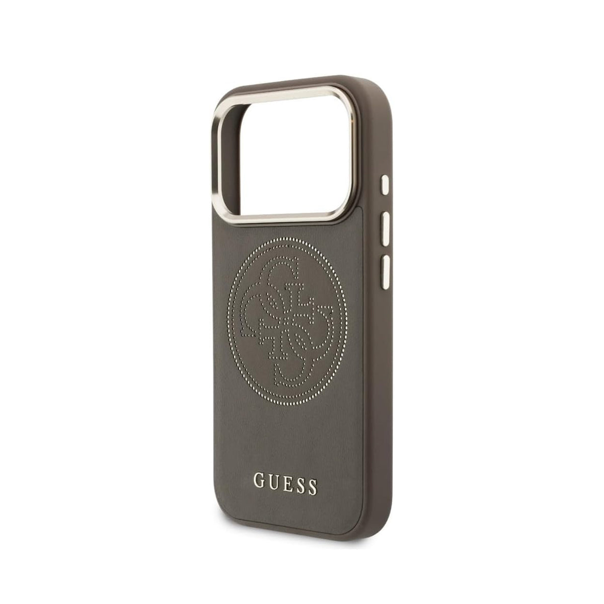 GUESS Funda Efecto Piel Logo Perforado para iPhone 17 Pro Max/18 Pro Max Compatible con MagSafe y Protección Anticaídas, Marrón
