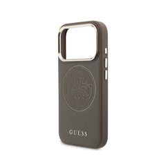 GUESS Funda Efecto Piel Logo Perforado para iPhone 17 Pro Max Compatible con MagSafe y Protección Anticaídas, Marrón