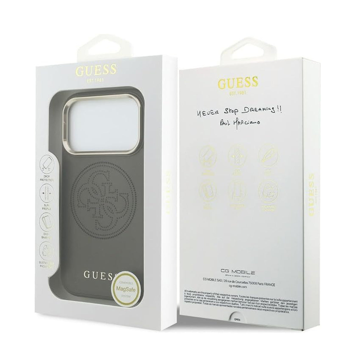 GUESS Funda Efecto Piel Logo Perforado para iPhone 17 Pro Max/18 Pro Max Compatible con MagSafe y Protección Anticaídas, Marrón