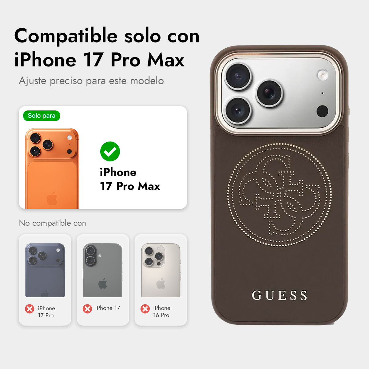 GUESS Funda Efecto Piel Logo Perforado para iPhone 17 Pro Max/18 Pro Max Compatible con MagSafe y Protección Anticaídas, Marrón