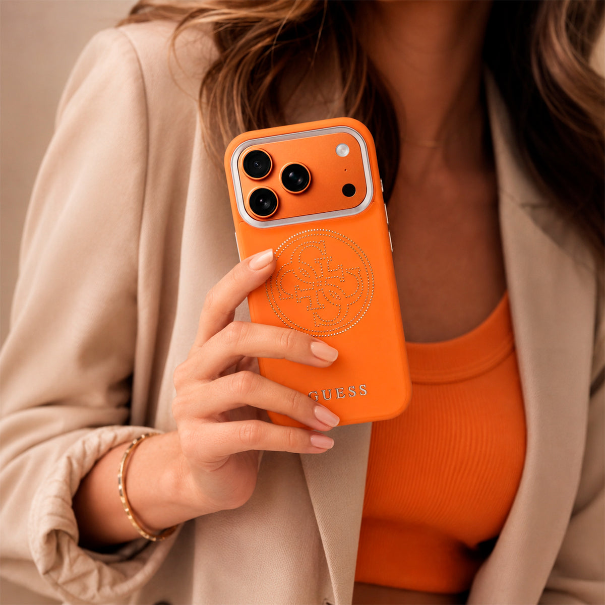 Guess iPhone 17 Pro Case – Perforated 4G Case with MagSafe Orange, Drop Protection and Precise Fit