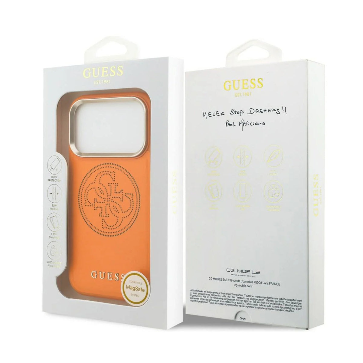 Guess iPhone 17 Pro Max Case – MagSafe Compatible Case, Perforated 4G Orange Design with Guess Logo and Drop Protection